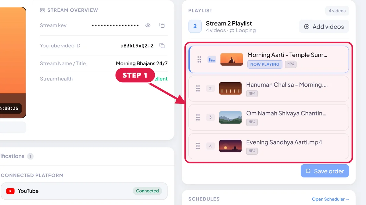 StreamOps playlist for a devotional stream with a red box around the base playlist of aarti and chanting videos.
