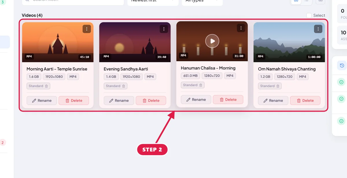 StreamOps media library Devotional folder with a red box around clearly named videos such as Morning Aarti and Hanuman Chalisa.