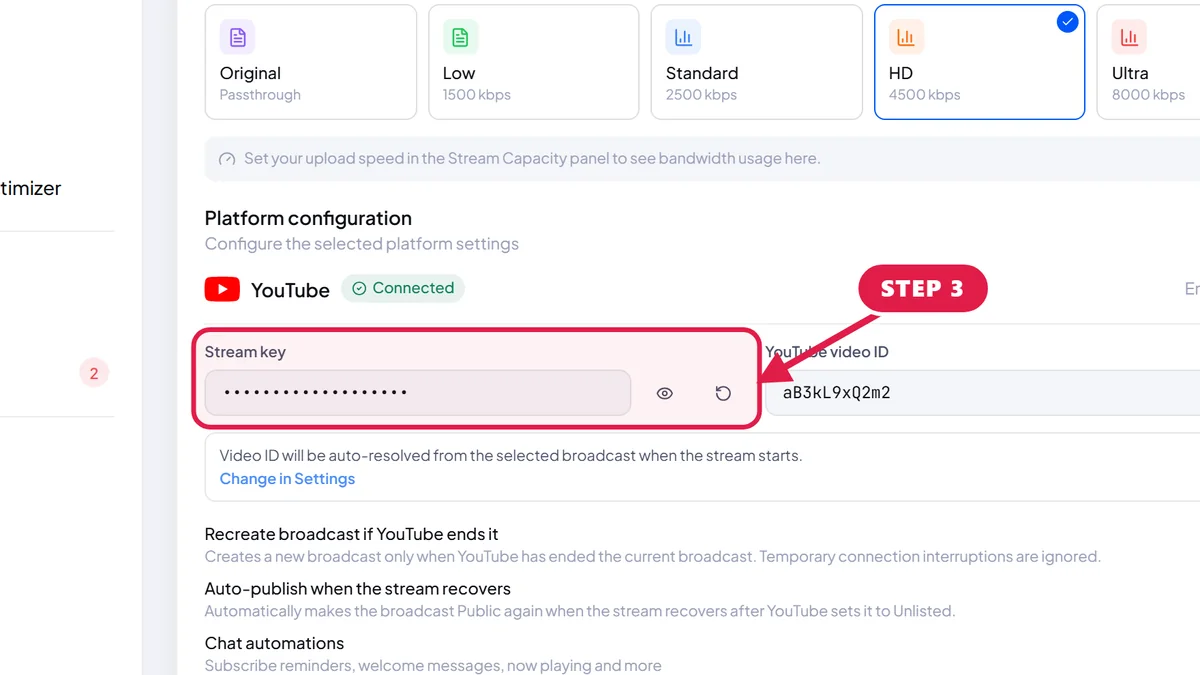 Edit stream page in StreamOps with a red box around the YouTube stream key field.