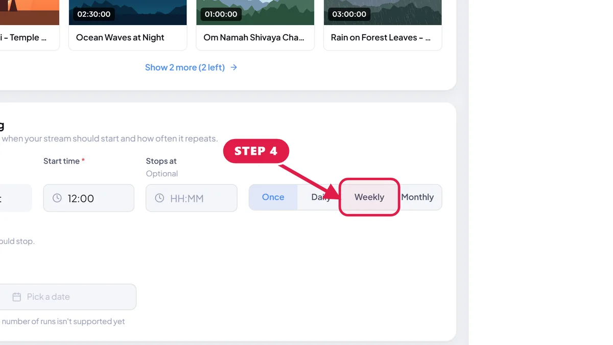 Create schedule form in StreamOps with a red arrow pointing to the Weekly repeat option.