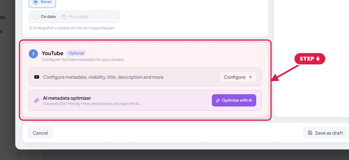 Create schedule form in StreamOps with a red box around the YouTube section for title, description and visibility.