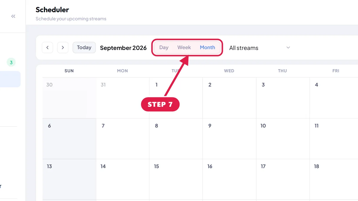 StreamOps scheduler with a red box around the Day, Week and Month calendar views.