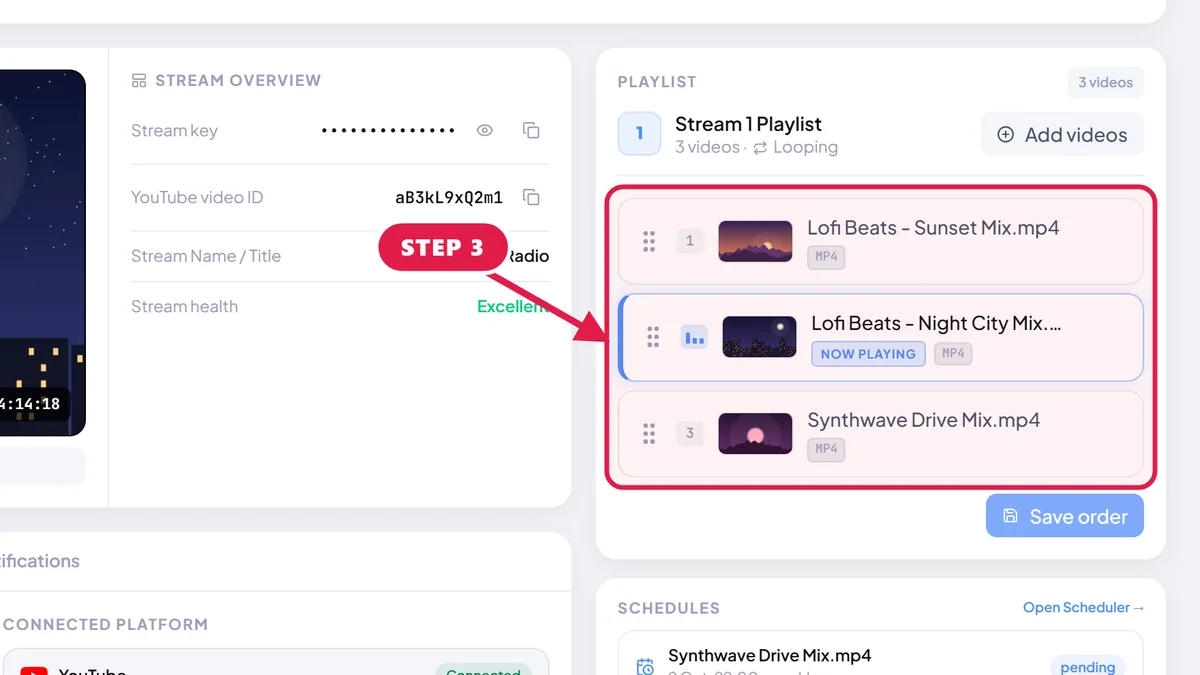 StreamOps playlist for a lofi stream with a red box around its three mixes in play order.