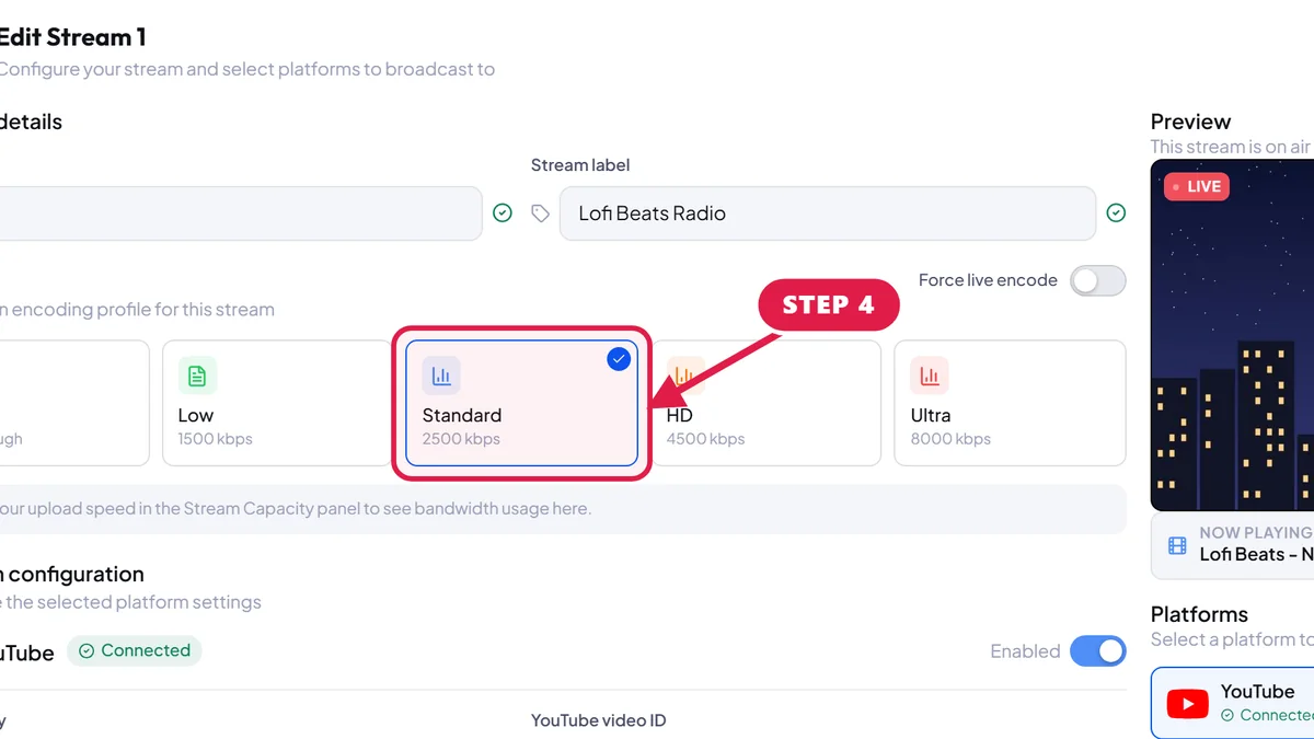 Edit stream page in StreamOps with a red arrow pointing to the Standard quality tier at 2500 kbps.