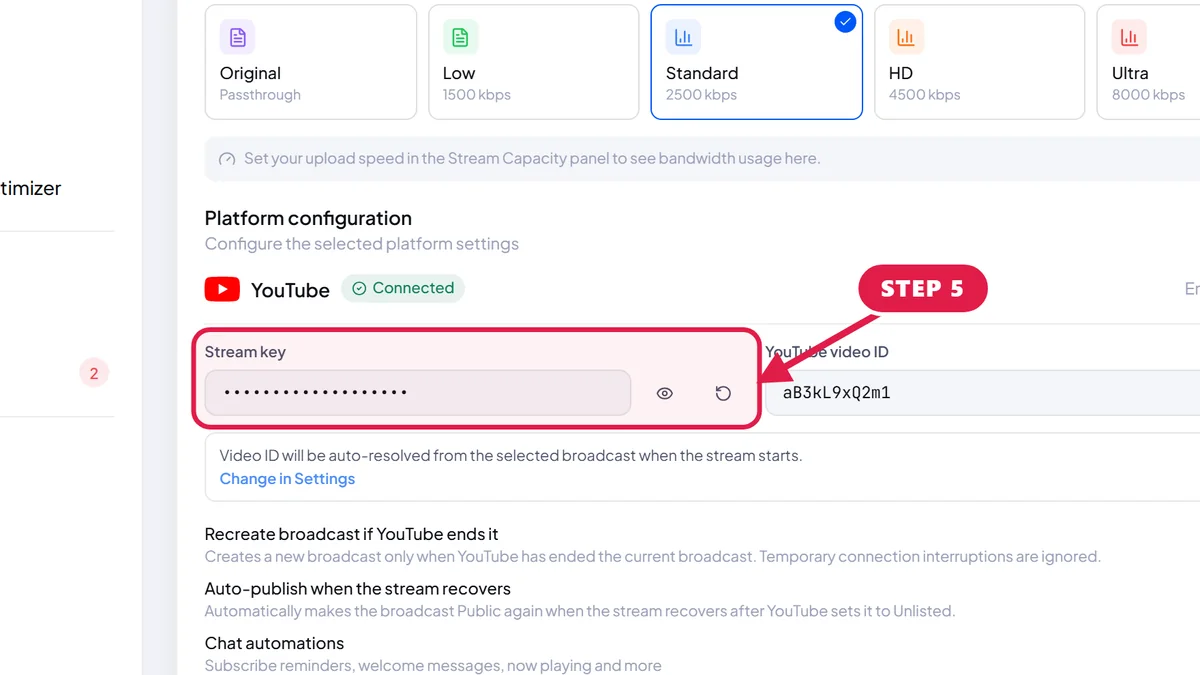 Edit stream page in StreamOps with a red box around the YouTube stream key field.