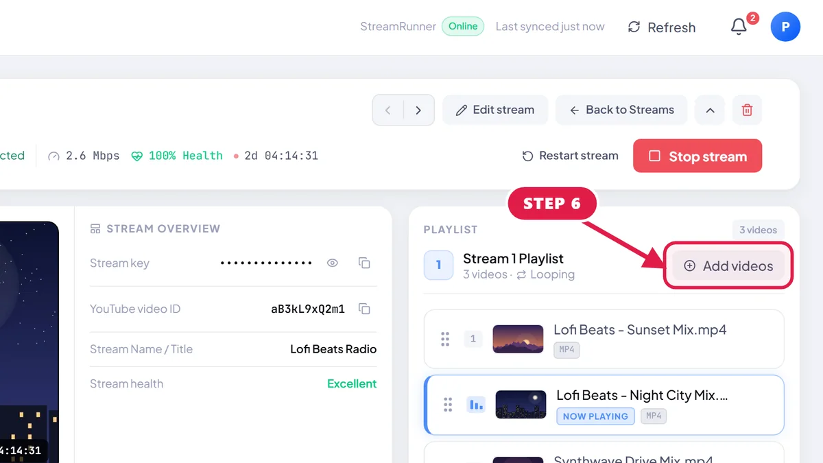 StreamOps stream page with a red arrow pointing to the Add videos button, used to add a new mix to the playlist.
