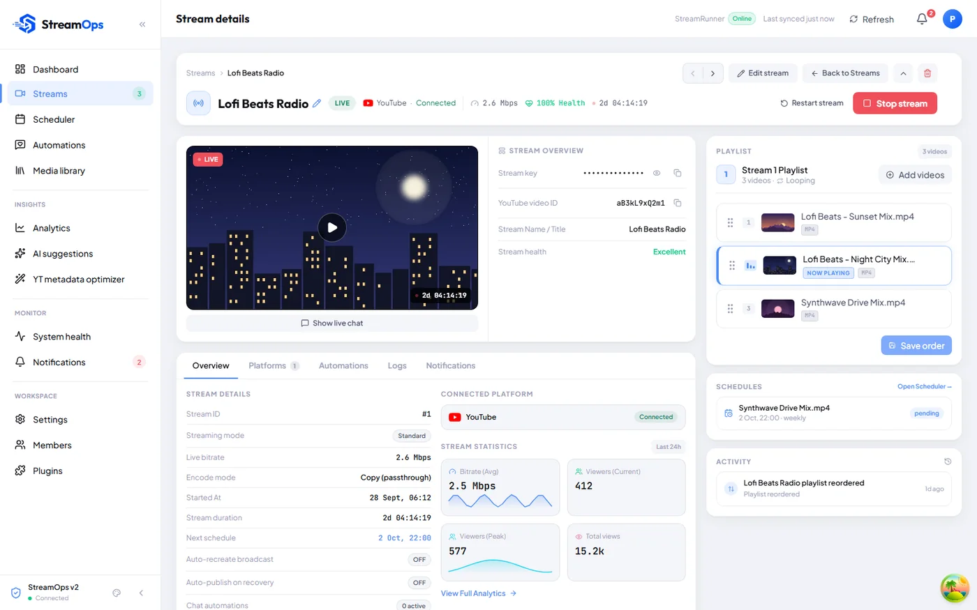 StreamOps stream page for a lofi radio stream: live preview, a three-mix playlist with the current mix marked Now Playing, health, bitrate and viewer statistics.
