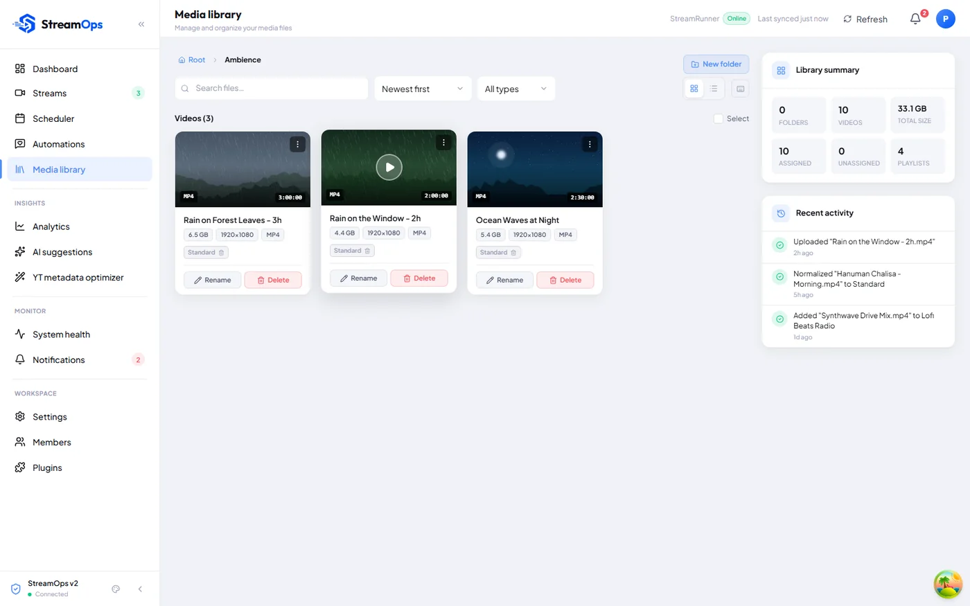 StreamOps media library open on an Ambience folder of rain and ocean videos, showing each file's length, size, resolution and format.