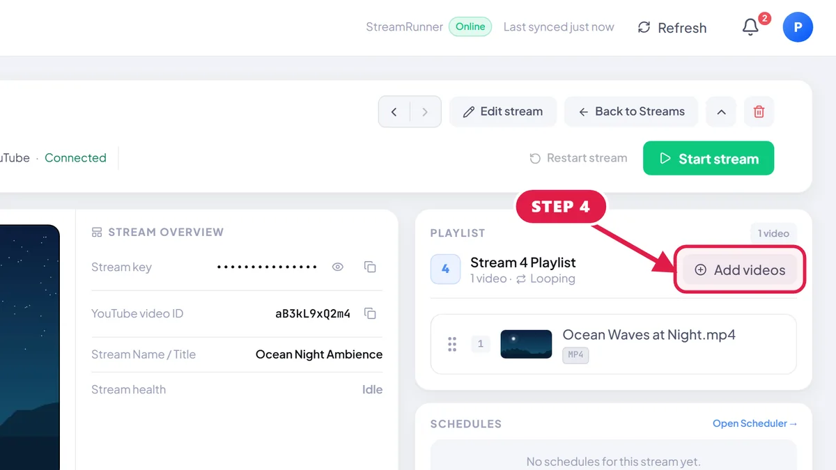 StreamOps stream page with a red arrow pointing to the Add videos button on the playlist.