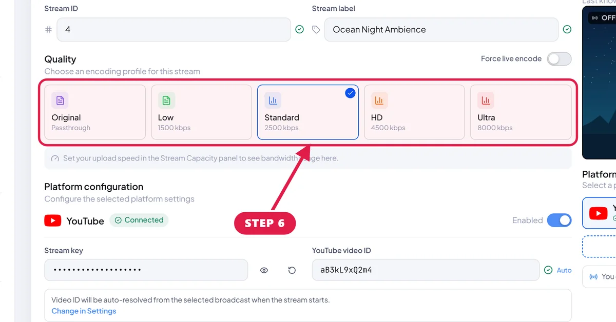 Edit stream page in StreamOps with a red box around the quality tiers: Original, Low, Standard, HD and Ultra.