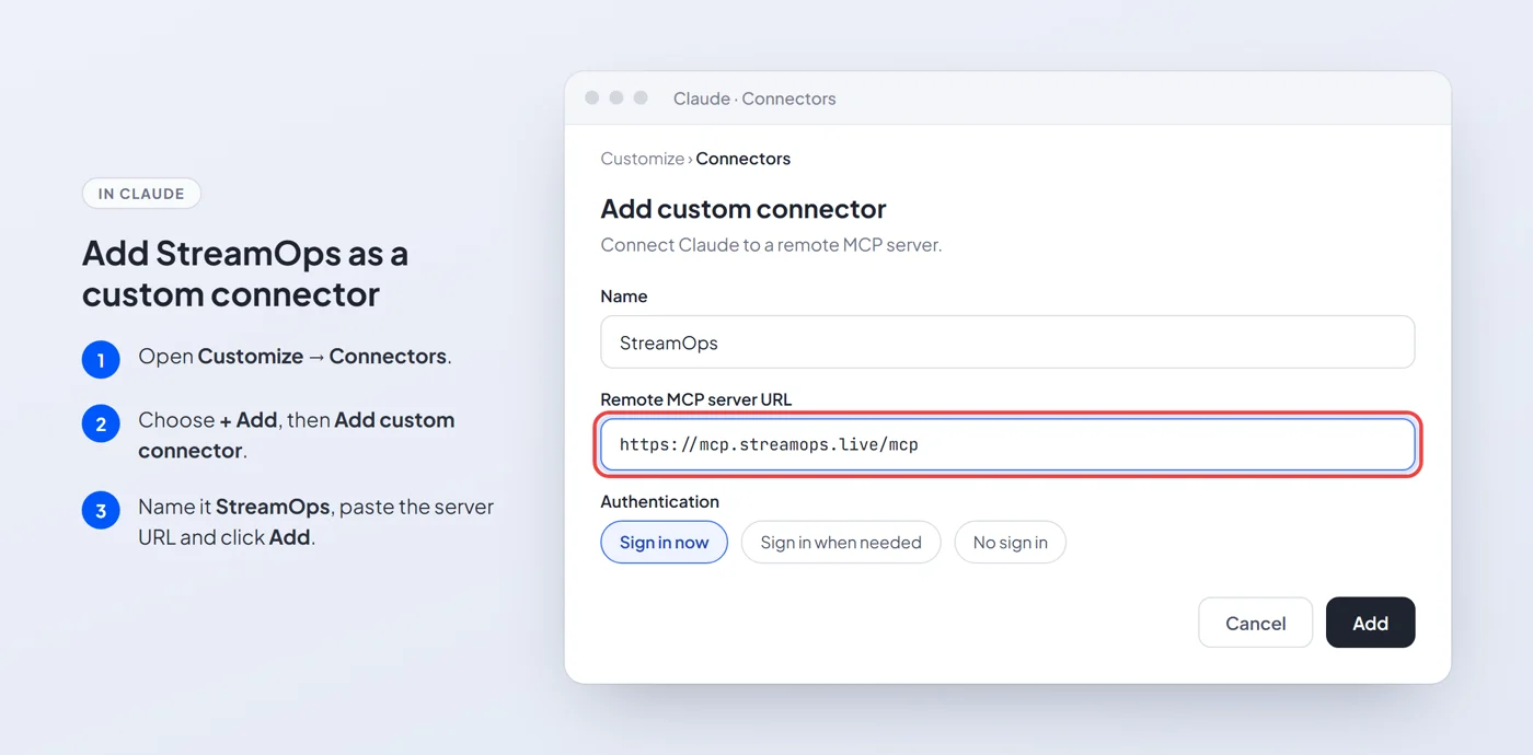 Illustration of the Add custom connector form in Claude with the name StreamOps and the server URL https://mcp.streamops.live/mcp filled in.