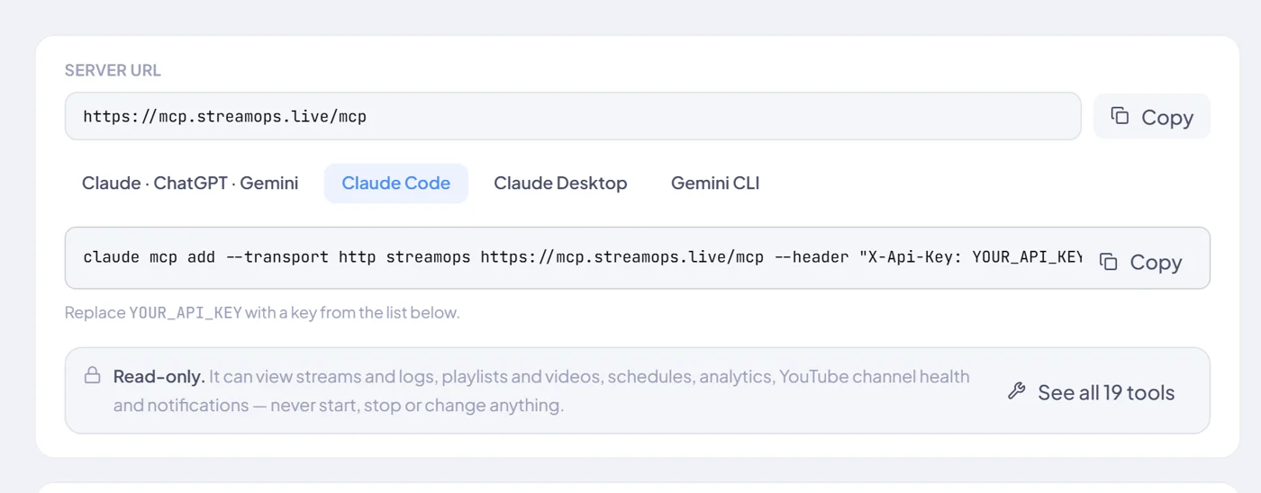 The StreamOps MCP setup guide with the Claude Code tab selected, showing the claude mcp add command with an X-Api-Key header and a Copy button.
