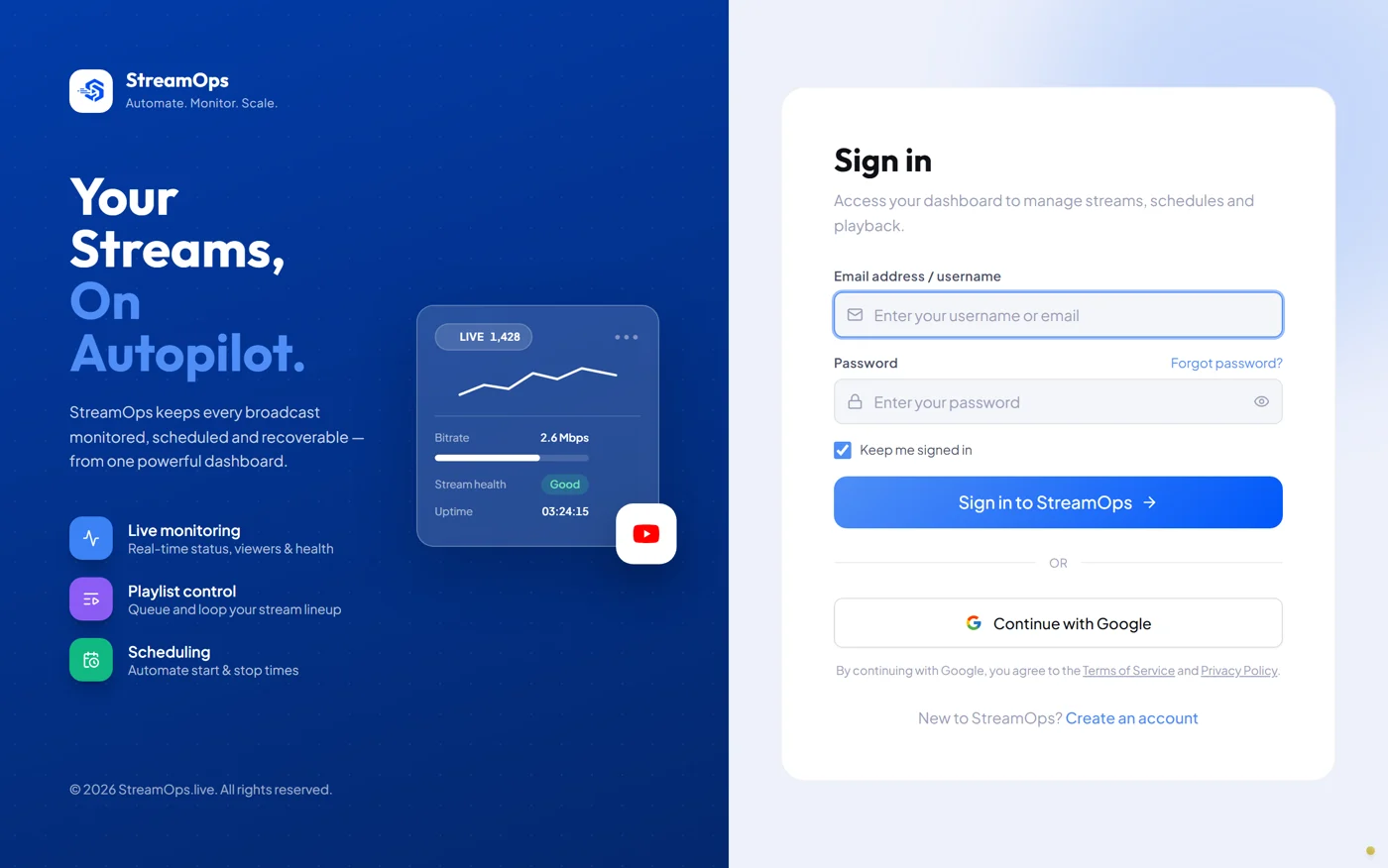 The StreamOps sign-in page with email or username, password, Keep me signed in, and Continue with Google.