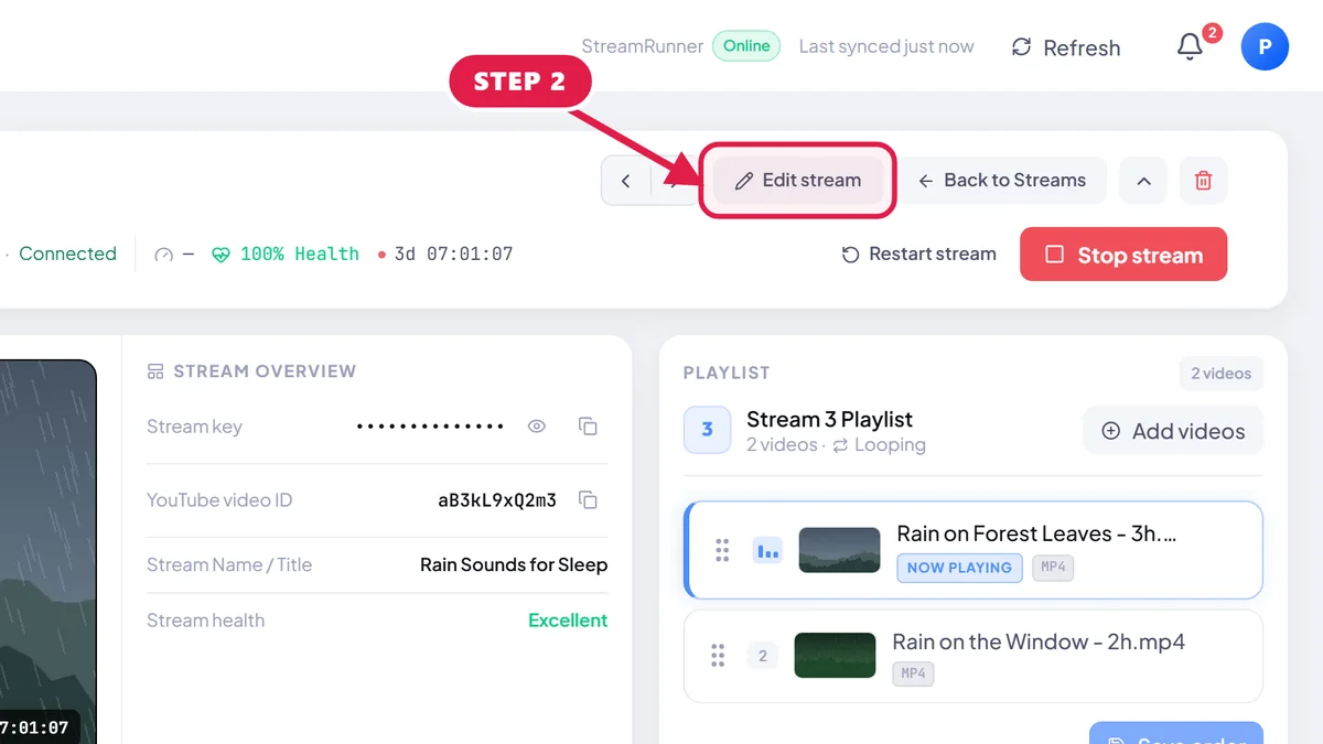 StreamOps stream page with a red arrow pointing to the Edit stream button.