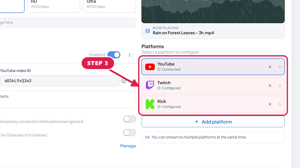 Edit stream page in StreamOps with a red box around the YouTube, Twitch and Kick platforms configured for one stream.