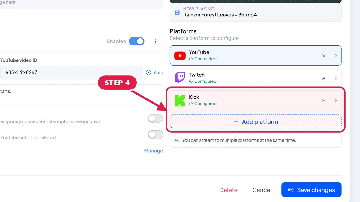 Edit stream page in StreamOps with a red box around the Kick platform and the Add platform button.