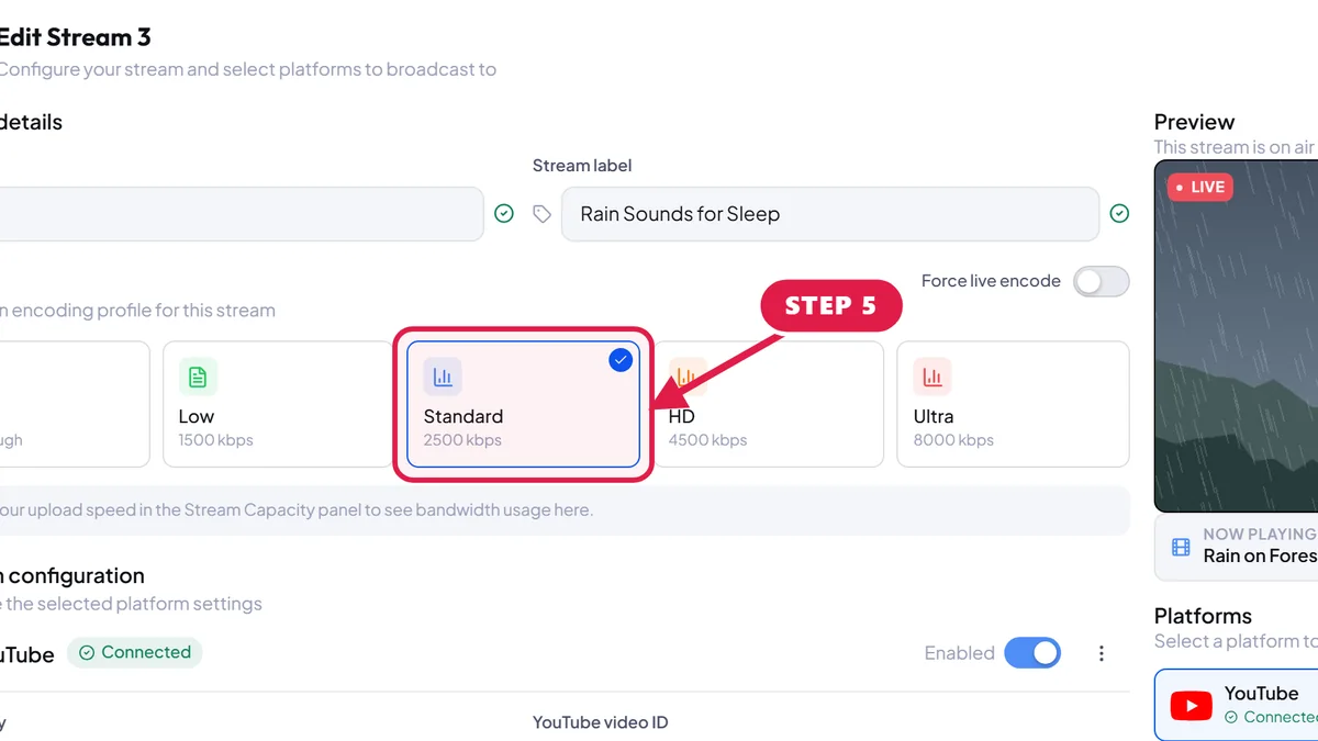 Edit stream page in StreamOps with a red arrow pointing to the Standard quality tier, shared by every platform.
