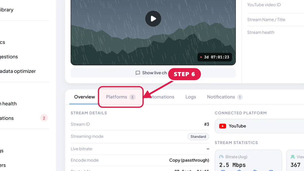 StreamOps stream page with a red arrow pointing to the Platforms tab, which shows each destination's status.