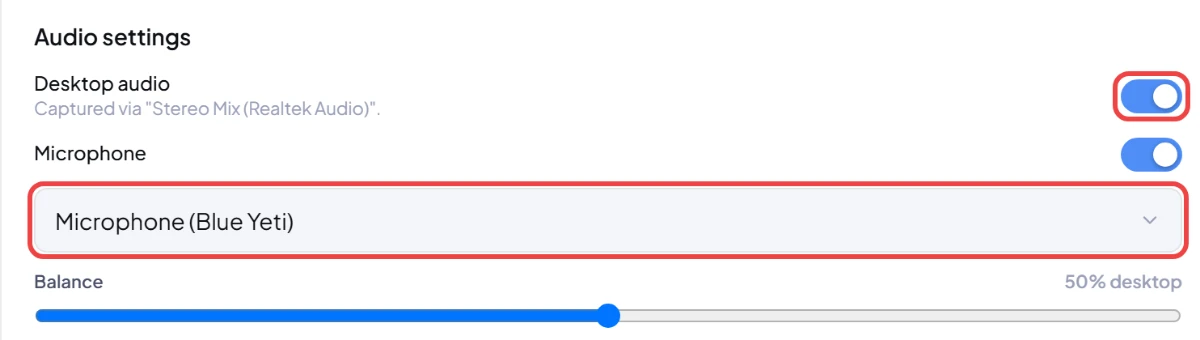 Audio settings with the desktop audio switch and the microphone list boxed in red, and a balance slider set to 50 percent desktop.