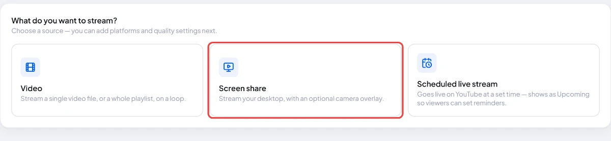 StreamOps Add stream page with a red box around the Screen share card, next to Video and Scheduled live stream.