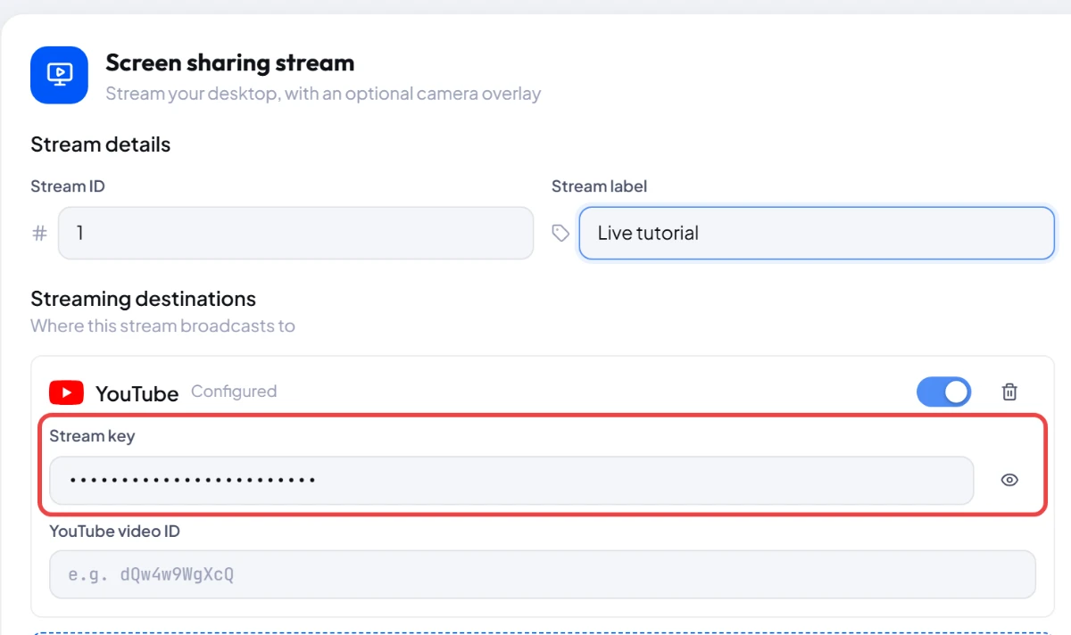Screen sharing stream form with a red box around the YouTube stream key field.