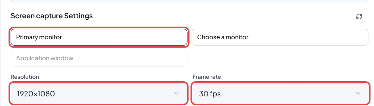 Screen capture settings with red boxes around Primary monitor, the Resolution list set to 1920x1080 and the Frame rate list set to 30 fps.