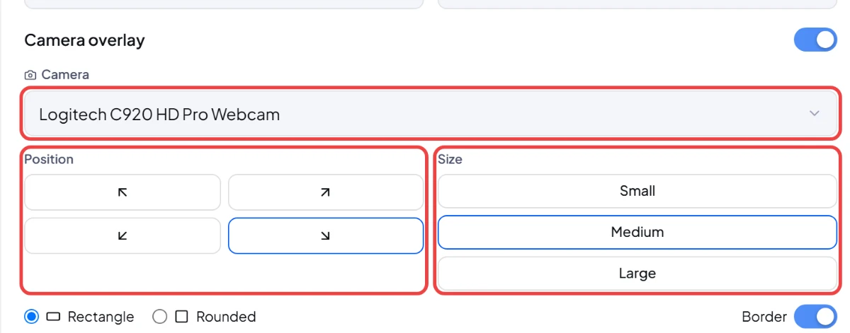 Camera overlay settings with the camera list, the four corner positions and the Small, Medium and Large sizes boxed in red.