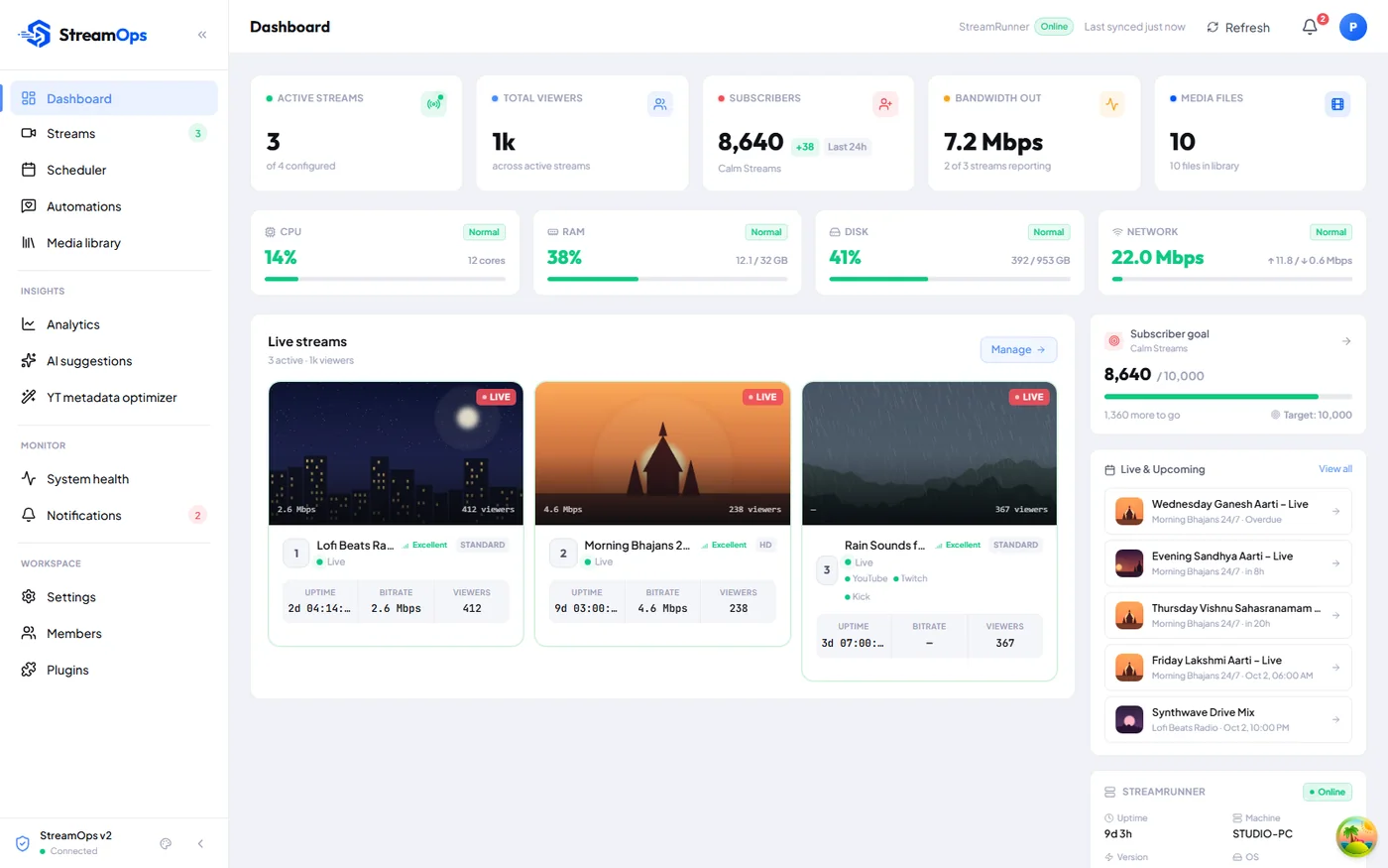 StreamOps web dashboard showing live streams with viewers and bitrate, plus CPU, RAM, disk and network usage of the streaming machine.