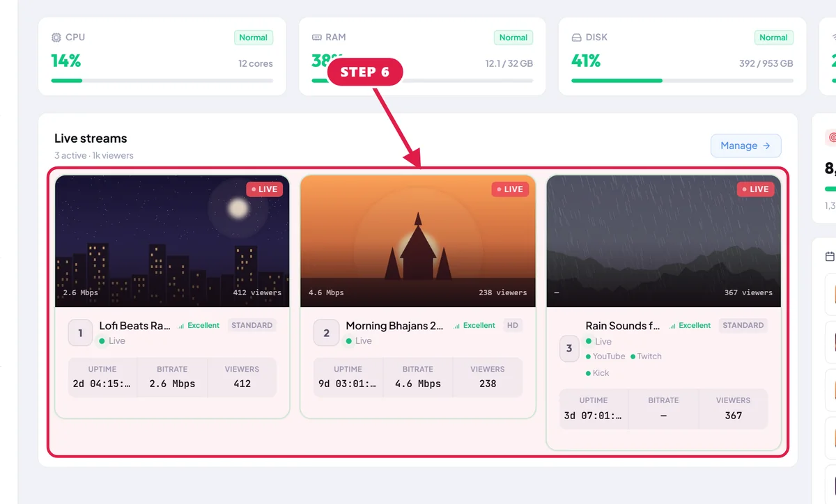 StreamOps web dashboard with a red box around three live streams, each showing uptime, bitrate and viewers.