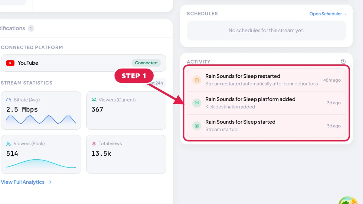 StreamOps activity log with a red box around the entries showing when the stream started and when it restarted automatically.