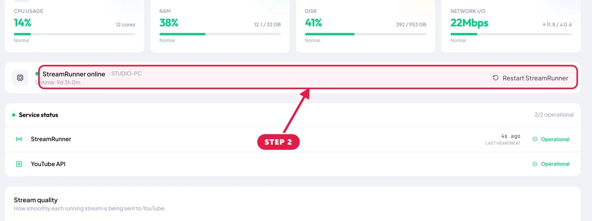 StreamOps System health page with a red box around the StreamRunner online status and uptime of the streaming machine.