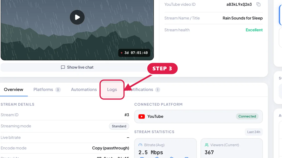 StreamOps stream page with a red arrow pointing to the Logs tab.