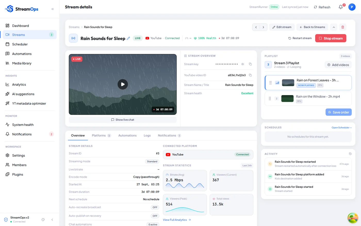 StreamOps stream page for a rain-sounds stream that has run for 3 days, with health, uptime, playlist, and an activity log showing an automatic restart after a connection loss.