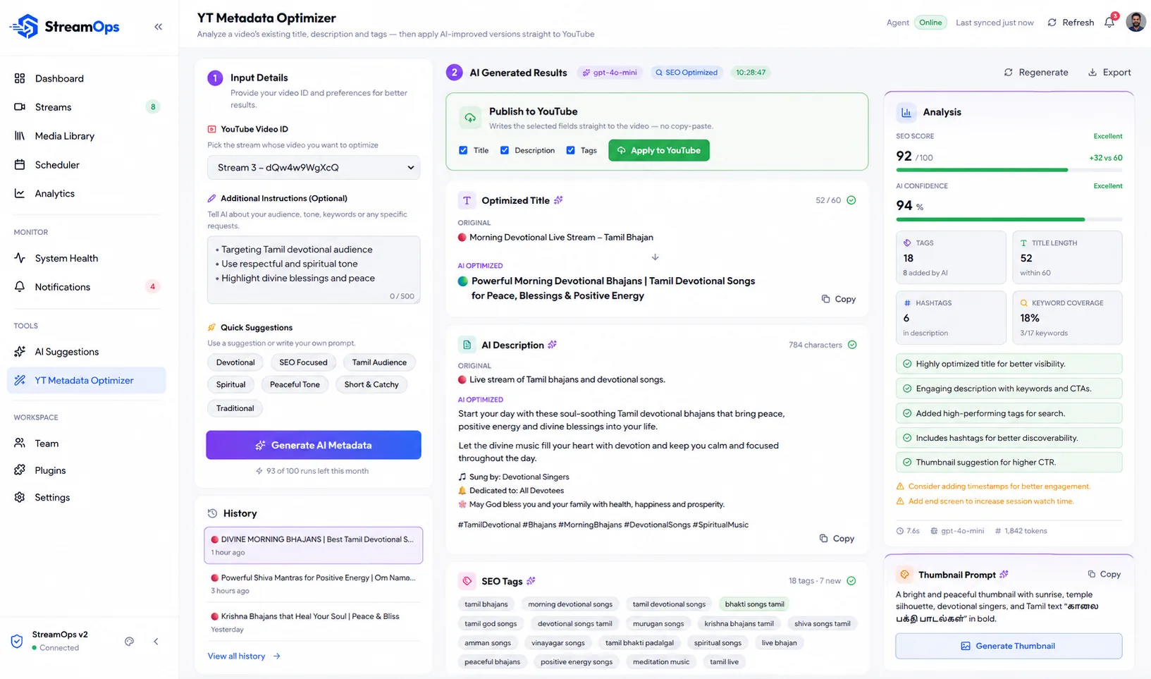 StreamOps AI metadata optimizer showing an AI-generated title, description, and SEO tags for a video