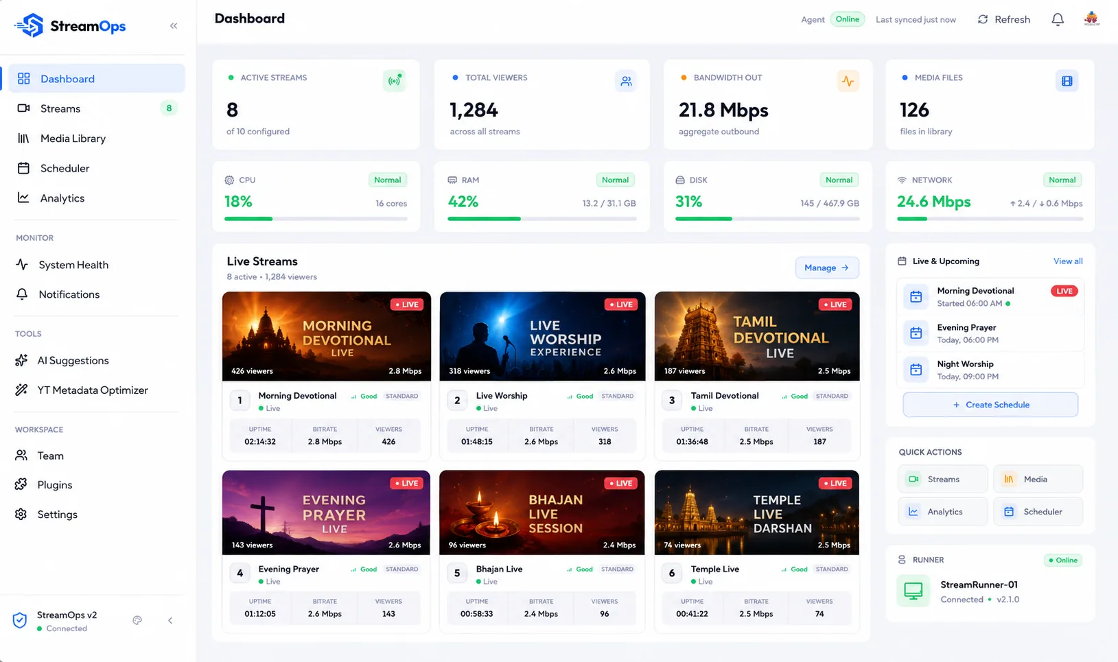 StreamOps dashboard showing 8 active streams, live viewer counts, bandwidth, and system health