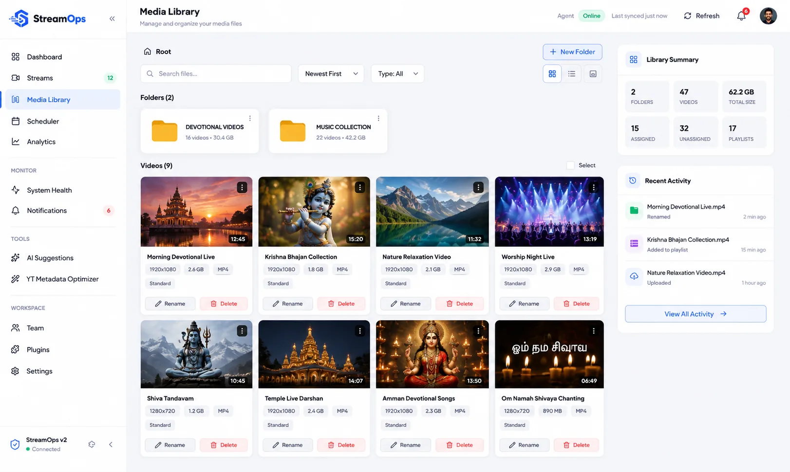 StreamOps media library showing folders and a grid of indexed videos
