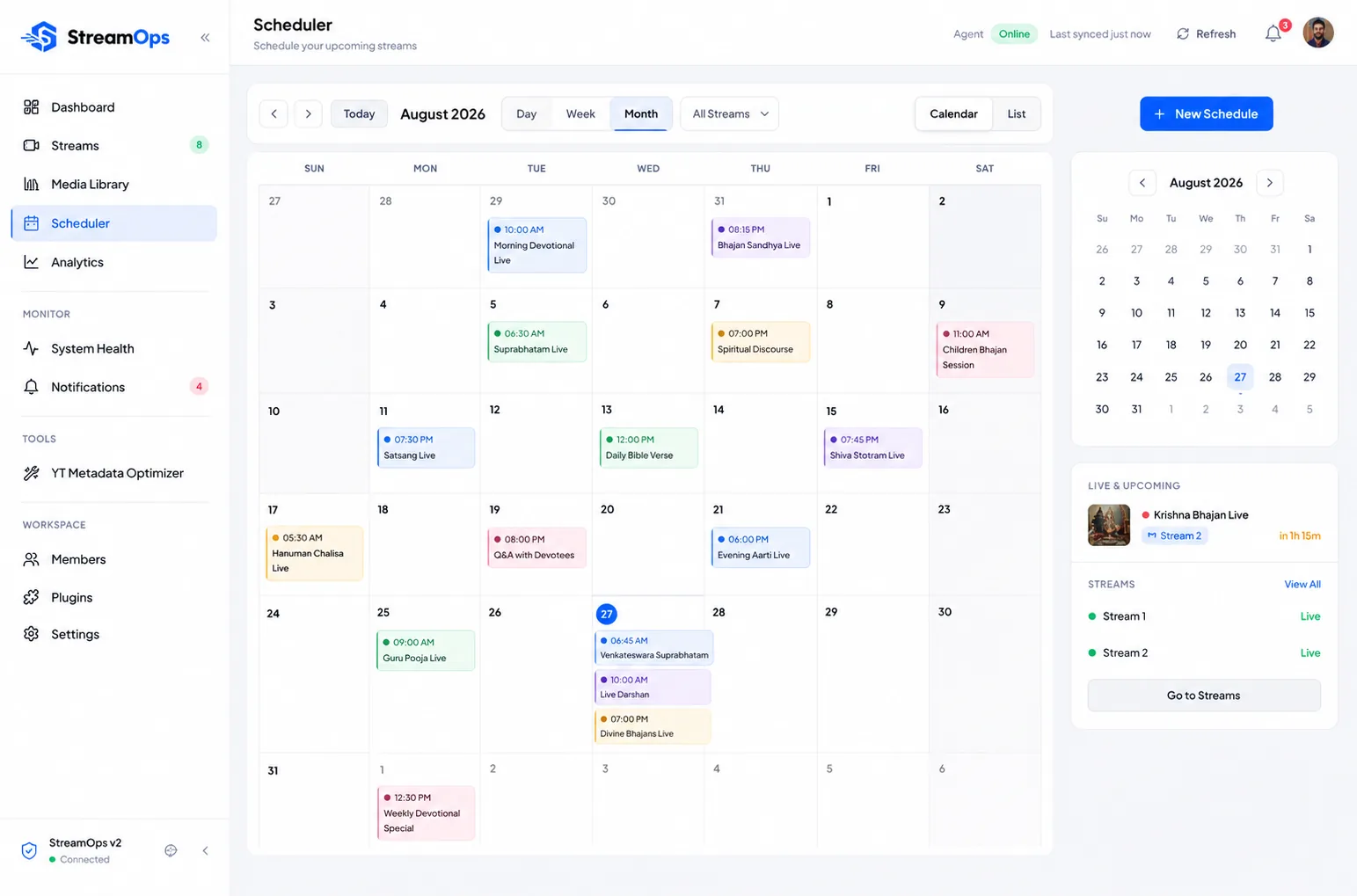StreamOps scheduler showing a calendar of upcoming stream start times
