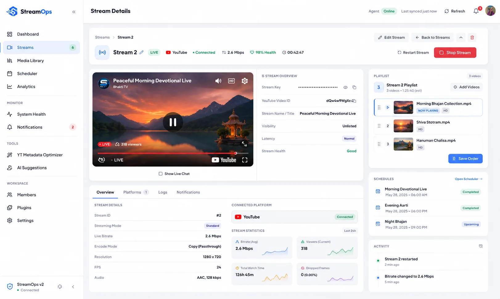 StreamOps stream detail page showing a live stream's health, destinations and the playlist it is playing.